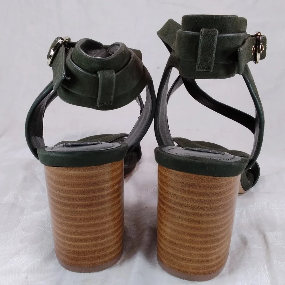 White House Black Market Marlo Olive Suede SANDALS Womens Size 6.5M Chunky Heels - Picture 3 of 12